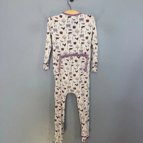 KICKEE PANTS muffin ruffle bamboo coverall w/ snaps natural farm print size 3T - Picture 4 of 6